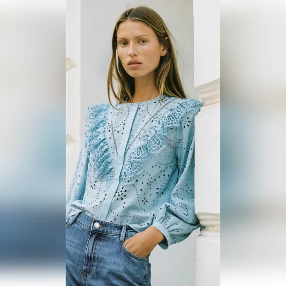 Zara PERFORATED EMBROIDERY SHIRT(S) - Picture 1 of 8